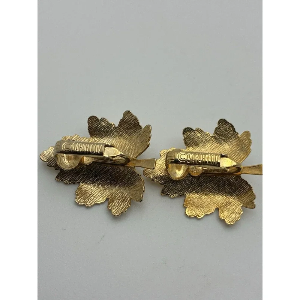 Sarah Coventry Leaf Clip On Earrings Faux Pearl Goldtone  VTG